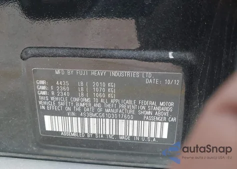 2013 Subaru Legacy 2.5I Premium from USA, damaged, VIN 4S3BMCG61D3017600